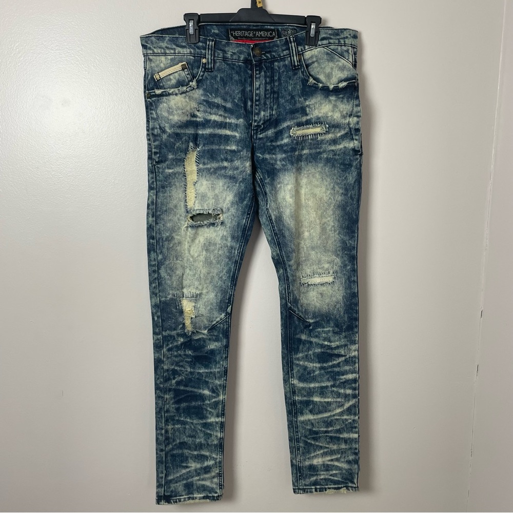 Heritage America Jeans Skinny Acid Wash Distressed Blue 38/34